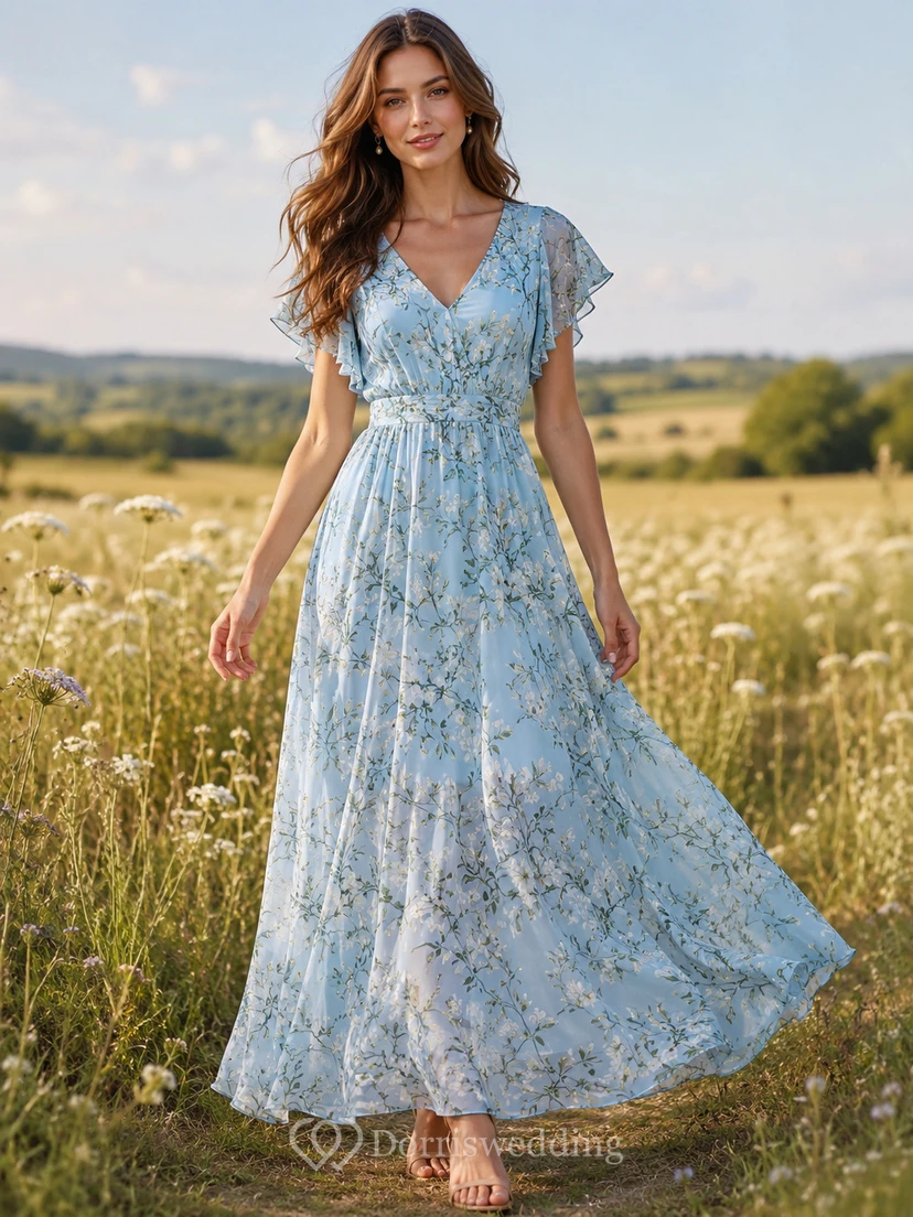 Blue Vine Print V-Neck Flutter Sleeve Maxi Dress
