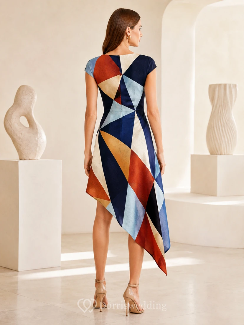 Modern Art One Sleeve Asymmetric Satin Midi Cocktail Dress view 2