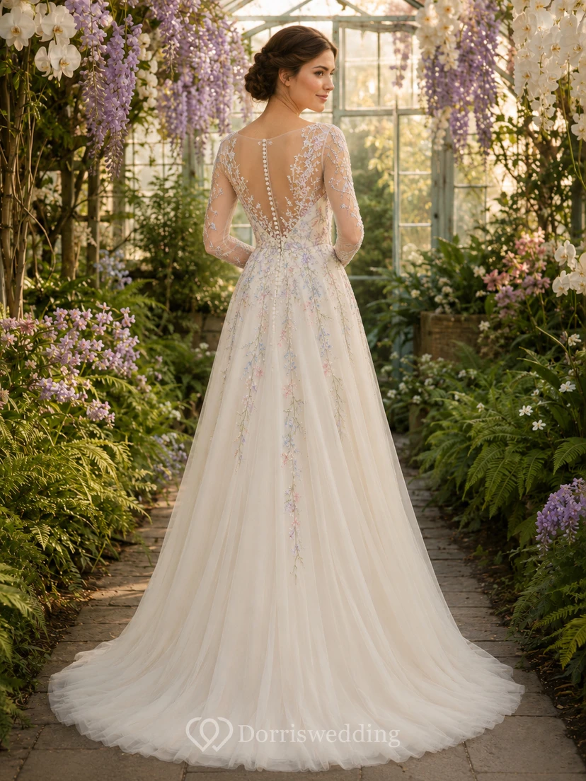 Robe de mariée en tulle pastel brodé à manches longues, style serre view 2