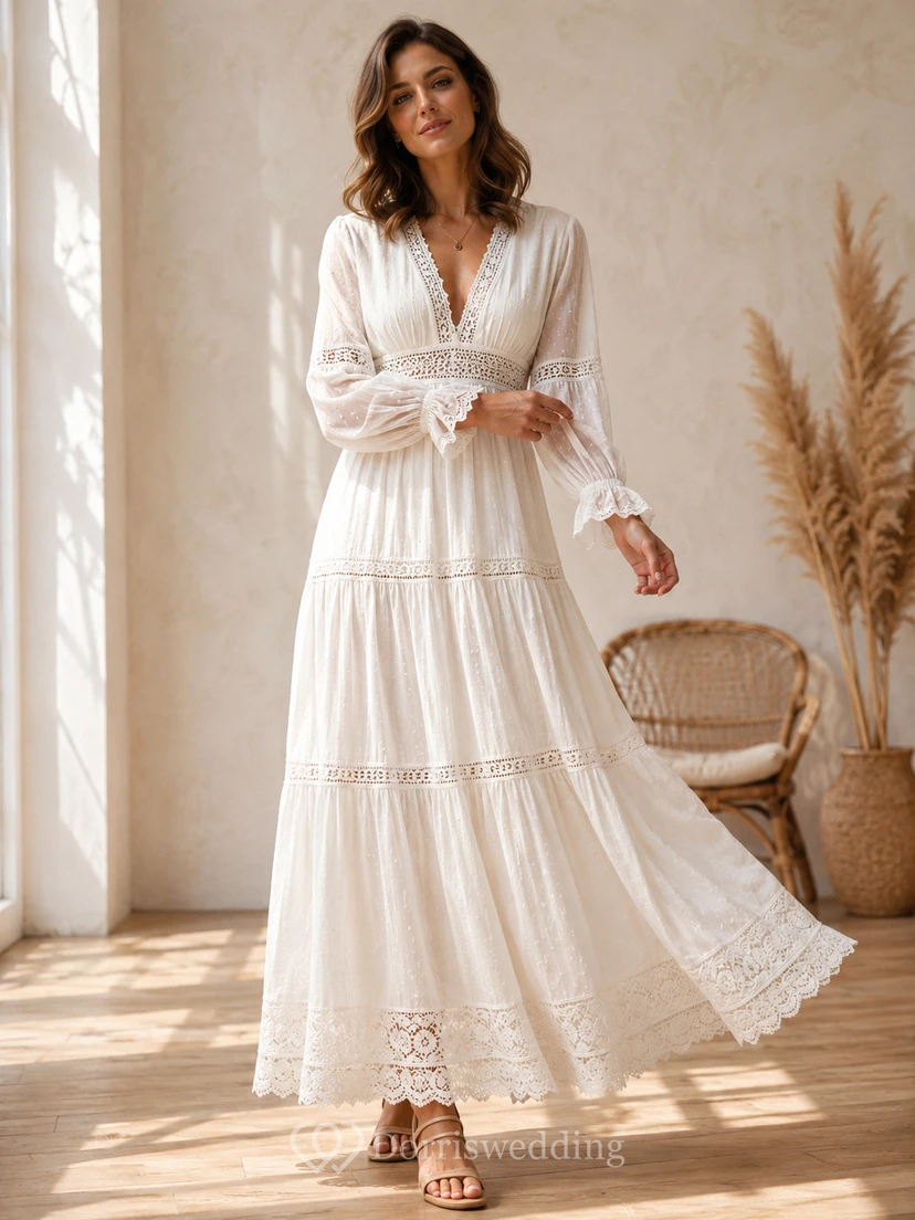 Vestido de novia bohemio de gasa y encaje, estilo vintage, con volantes, corte en A, largo hasta los tobillos, escote en V y manga larga.