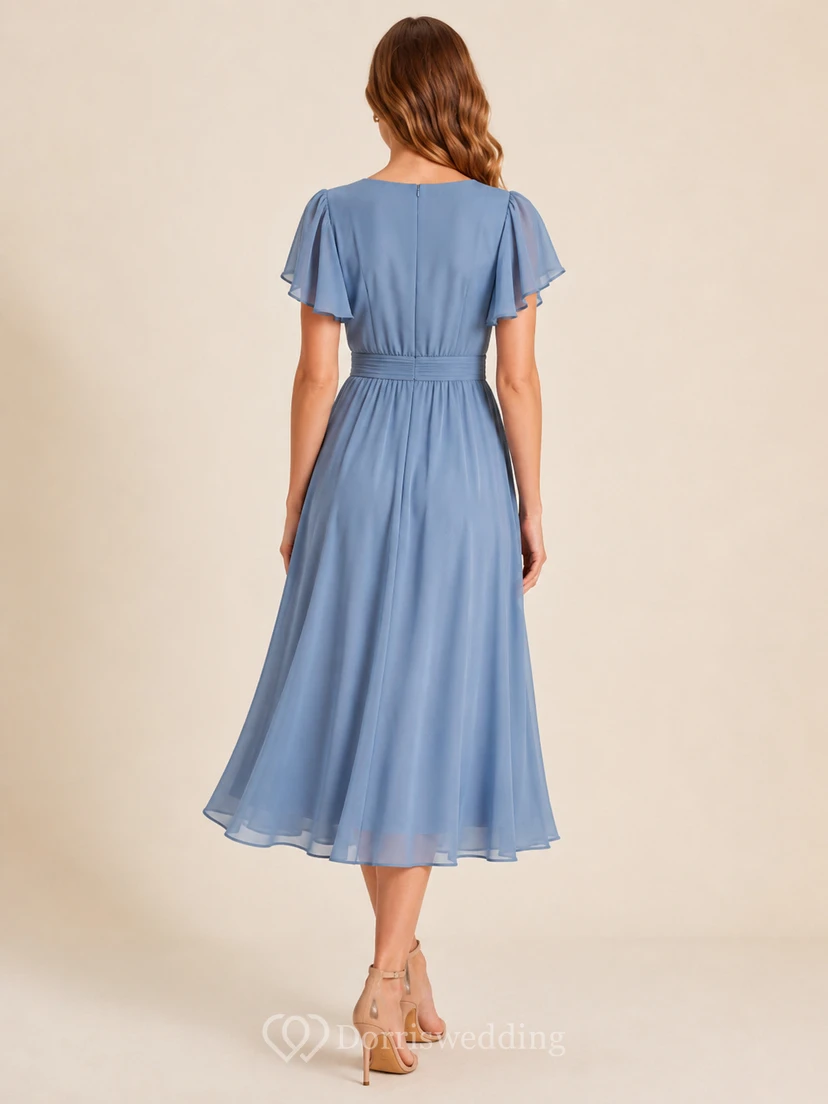 Dusty Blue Flutter Sleeve V Neck Chiffon Occasion Midi Dress view 2