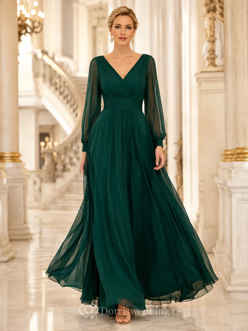 Dunkelgrünes, plissiertes Chiffon-Opernkleid mit V-Ausschnitt, langen Illusionsärmeln und Schleppe, A-Linien-Schnitt und Schleppe