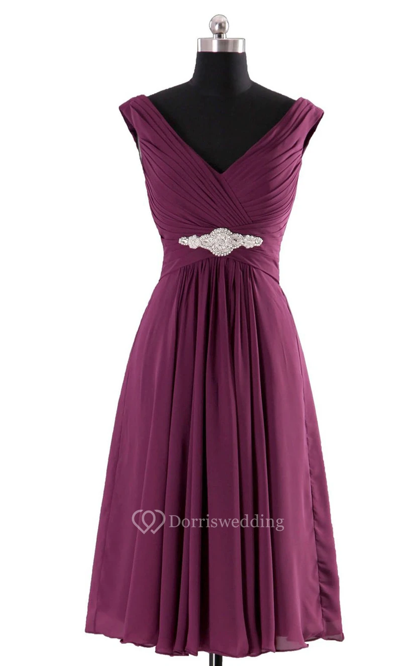V-neckline Pleated Basque Waist Dress With Crystal view 3