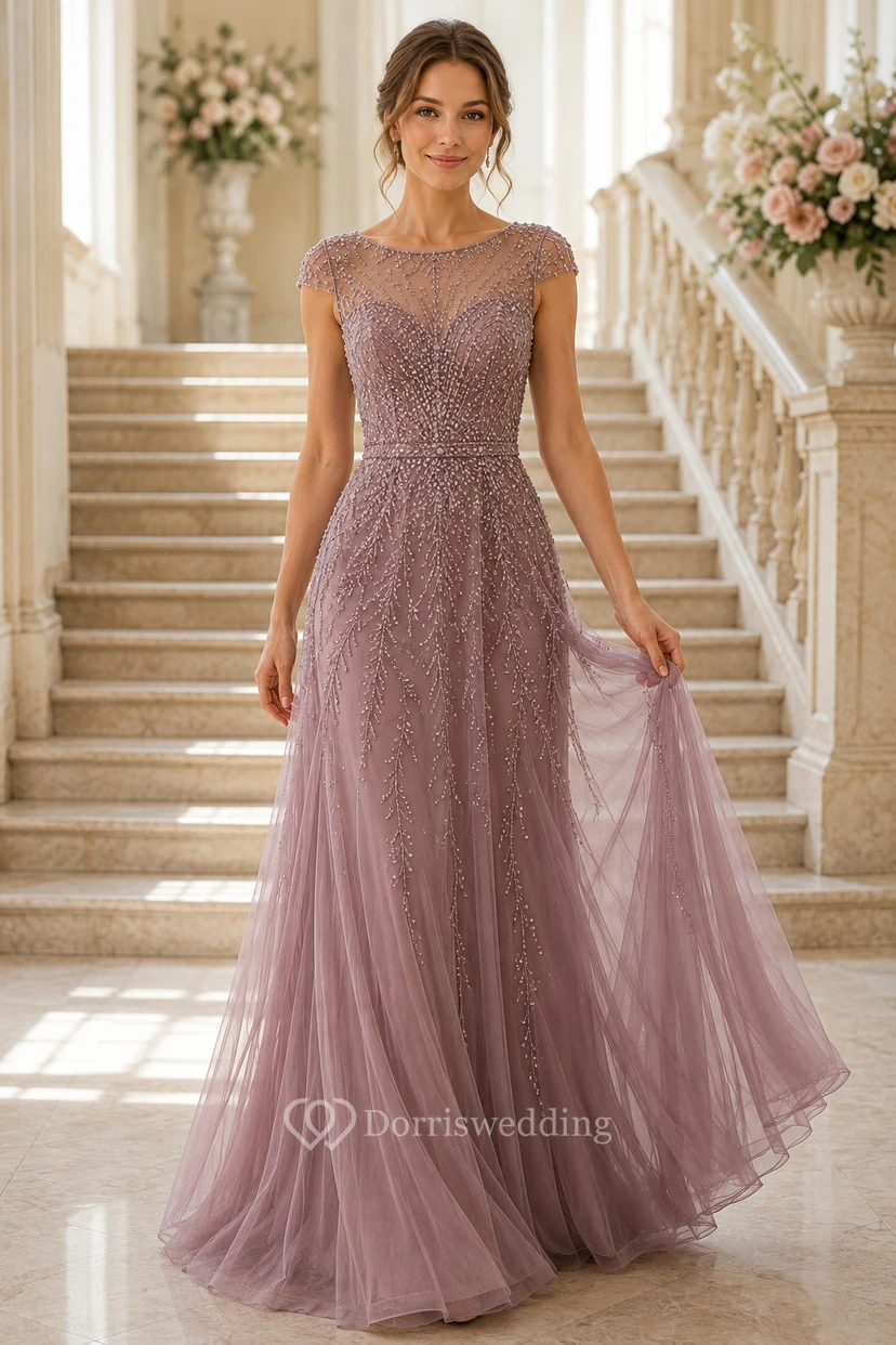 Mauvefarbenes, mit Perlen besetztes Tüll-Kleid in A-Linie mit Illusionsärmeln und Schleppe, ideal für die Mutter der Braut.