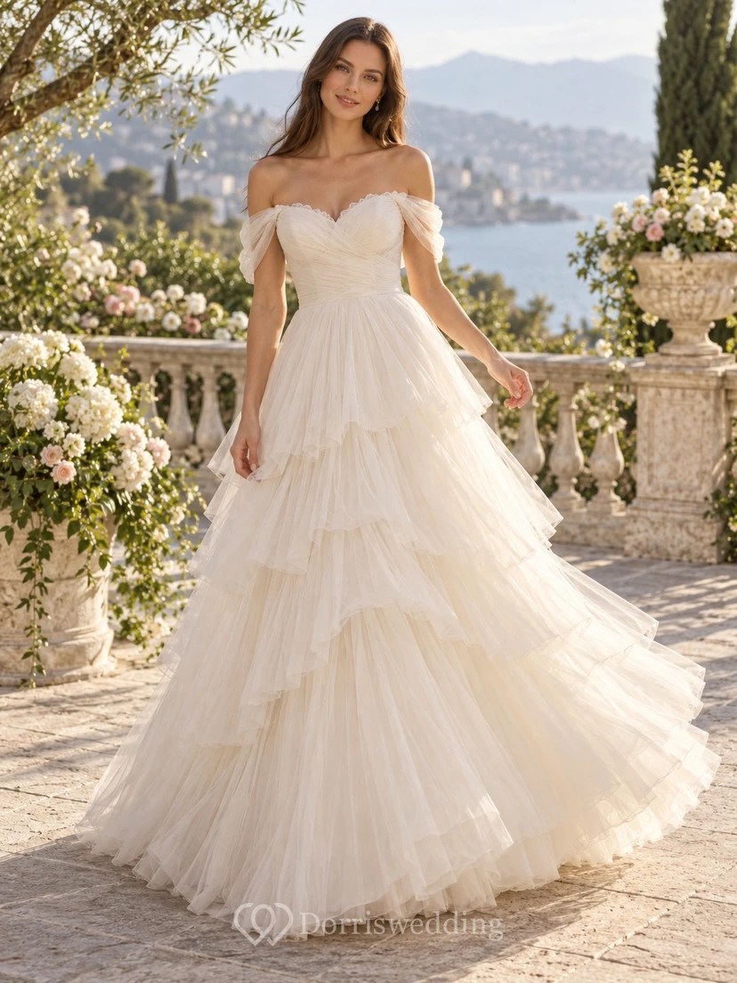 Off Shoulder Tulle Sweetheart Ruched Bodice Tiered Airy Romantic Full-Length Wedding Dress