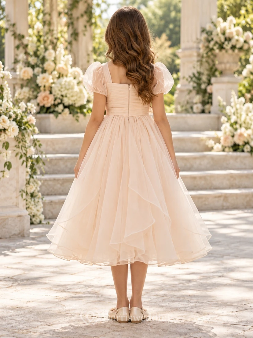 Blush Square Neck Puff Sleeve Rosette Organza Flower Girl Dress view 2