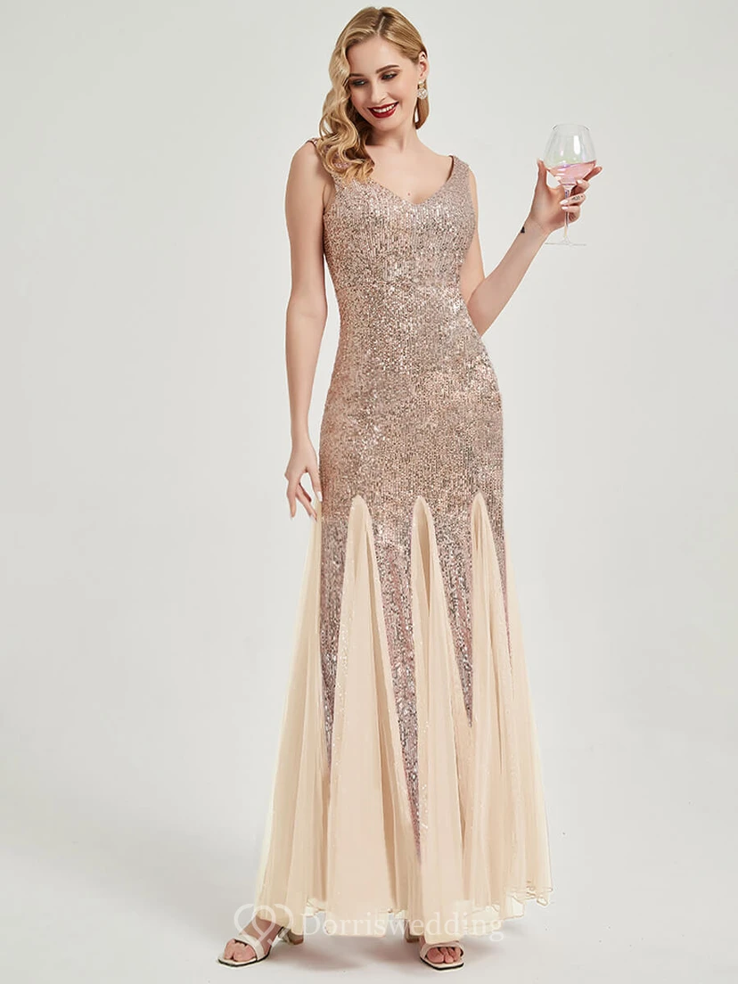 Sequin Sheath Pleated Sleeveless Party Floor-length Prom Dress