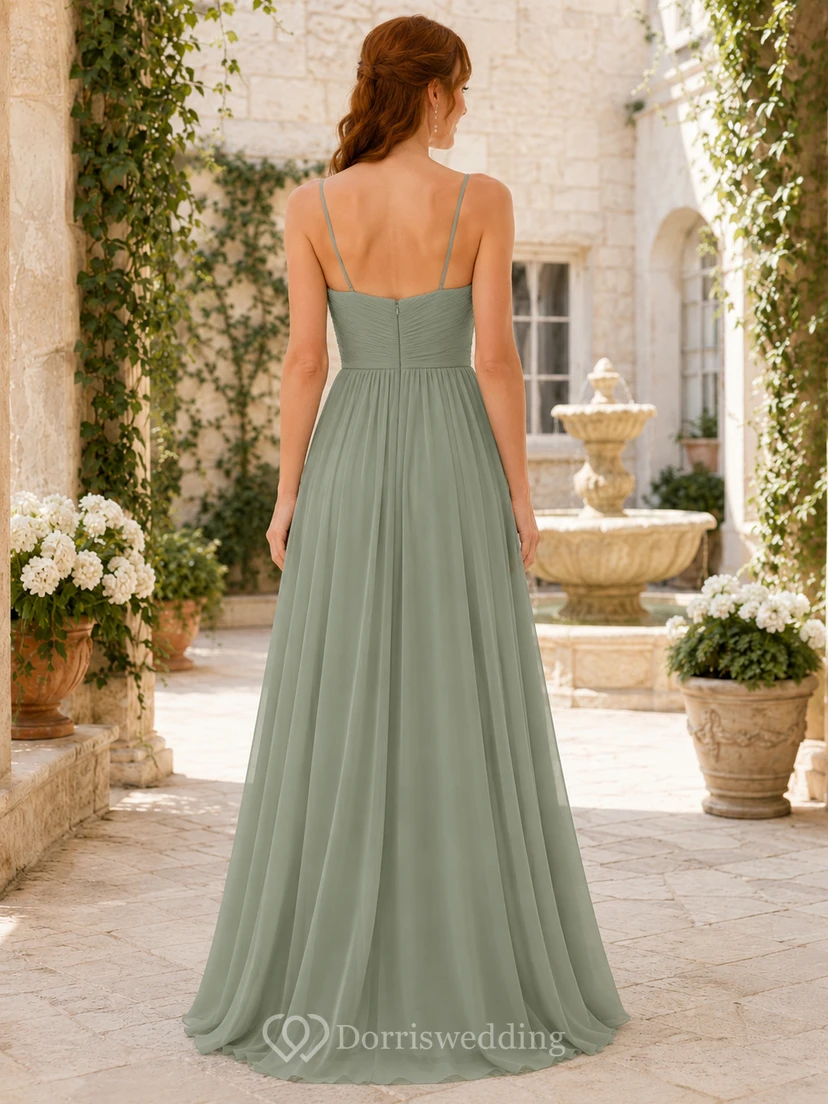 Sage Courtyard A-Line Chiffon Bridesmaid Dress with Sleeveless Spaghetti Strap Sweetheart Bodice, Pleated Floor-Length Skirt and Low V Strappy Back view 2