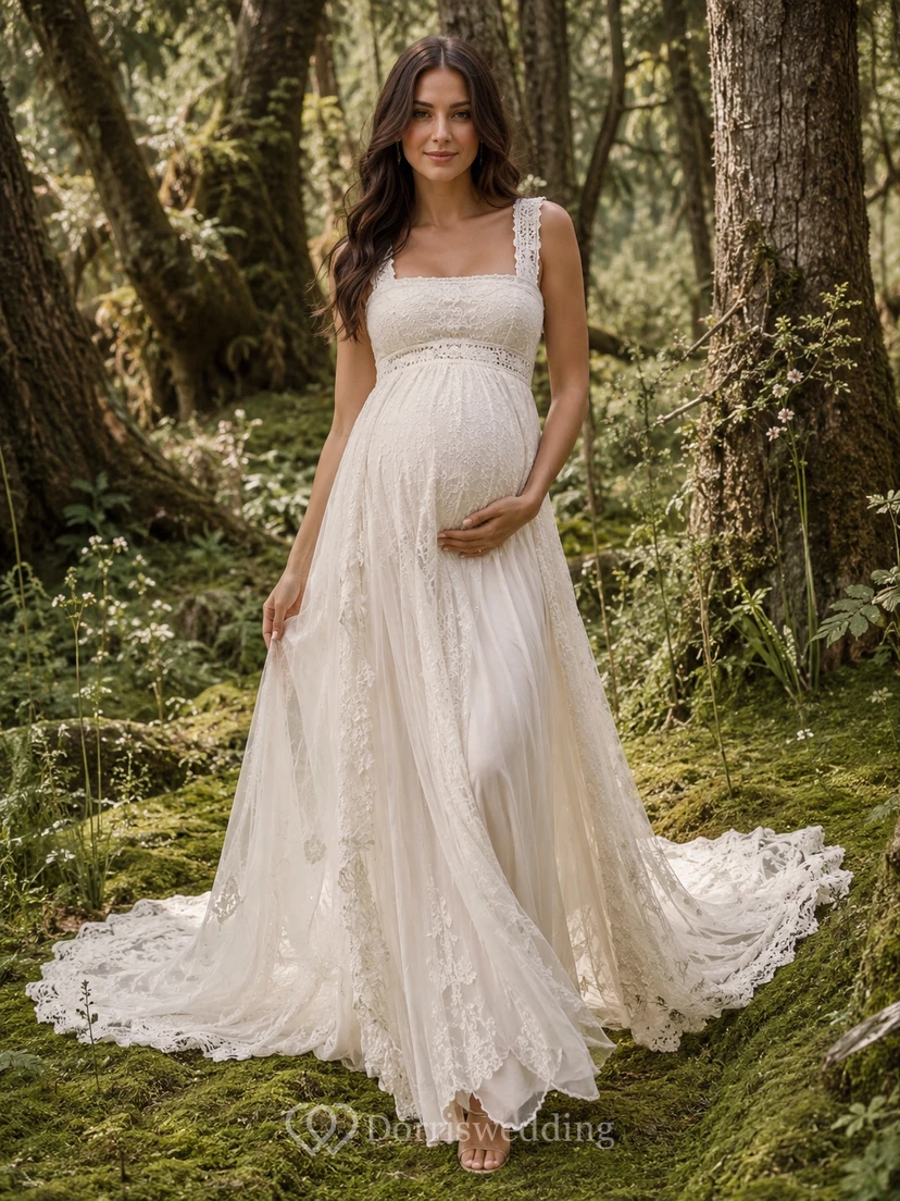 Maternity Wedding Dress Square Neck Lace Strap A-Line Bridal Gown with Soft Sweep Train