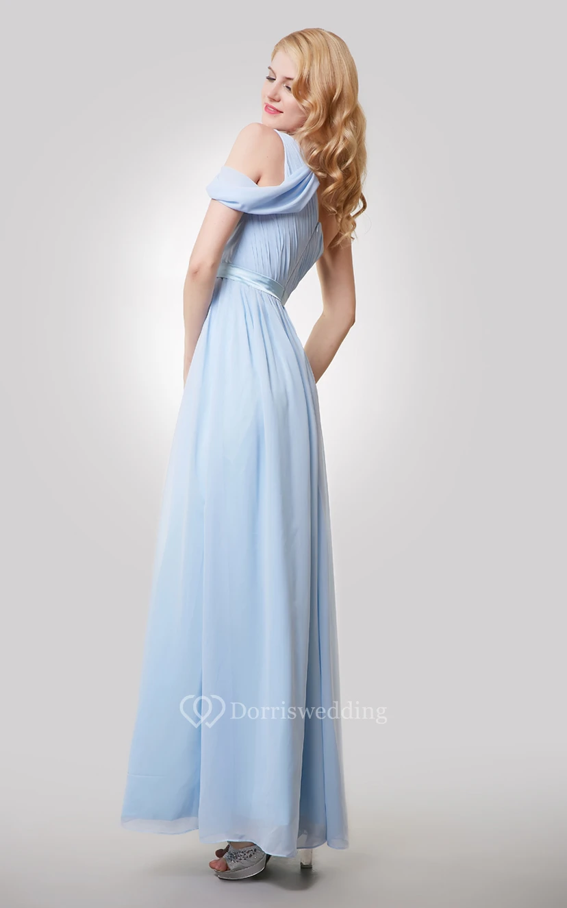 One-Shoulder Ruched Floor Length A-Line Chiffon Dress With Satin Sash view 3