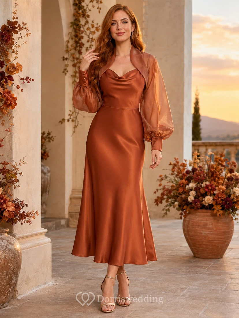 Robe midi d'invitée en satin à col bénitier et manches transparentes, couleur papaye