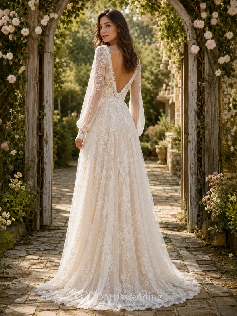 Long Sleeve Lace Boho Vintage Open Back Wedding Dress view 2
