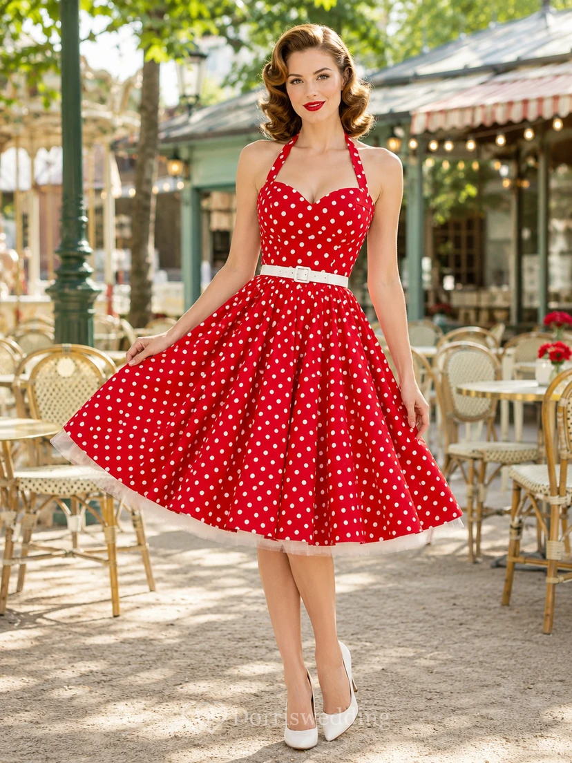 Robe de cocktail vintage rouge à pois, dos nu, sans manches, en satin, longueur thé
