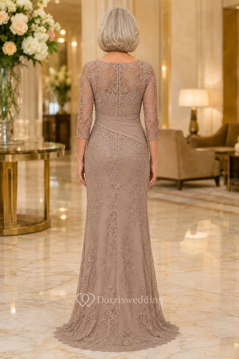 Taupe Three-Quarter Sleeve Lace Sheath Mother Dress view 2