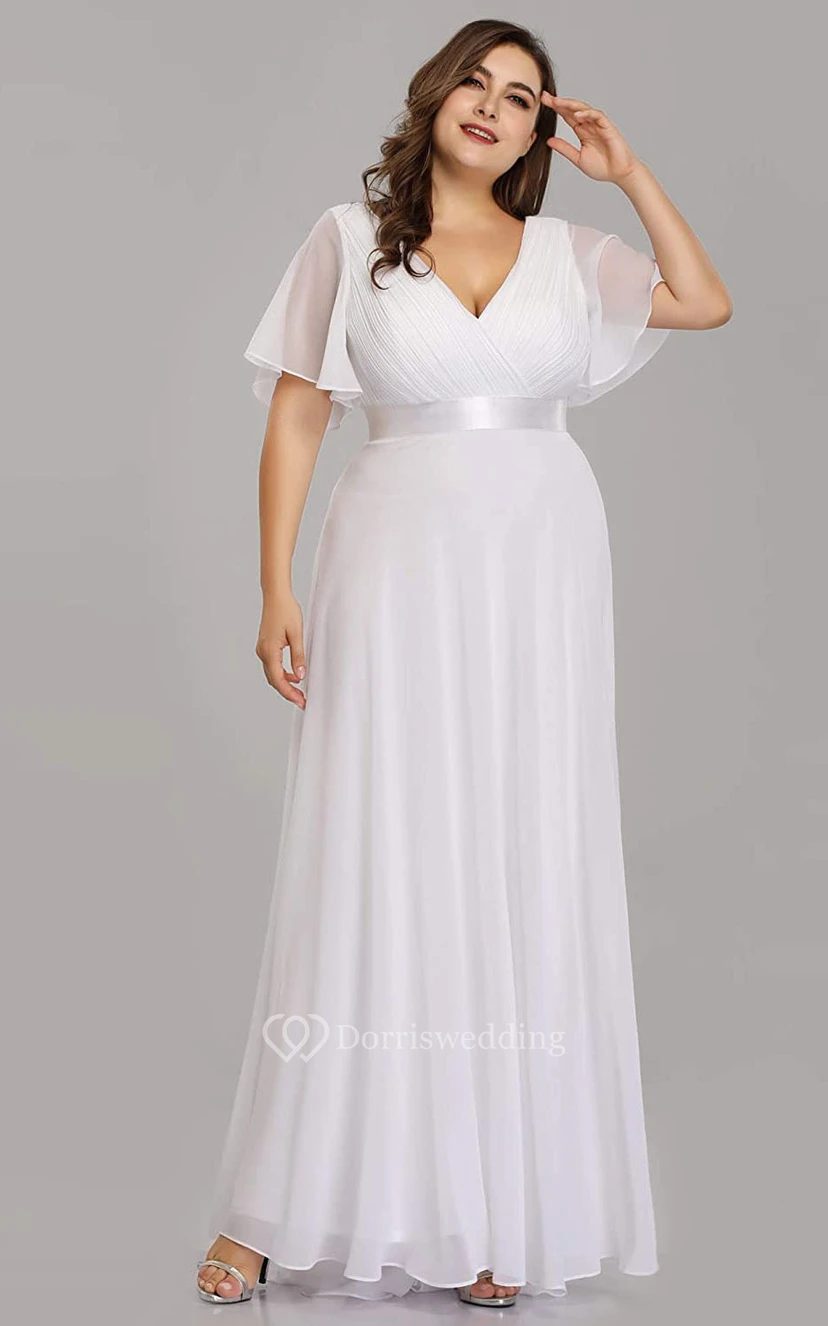 Romantic Chiffon V-neck Half Sleeve A Line Formal Dress With Criss Cross and Ruching view 19
