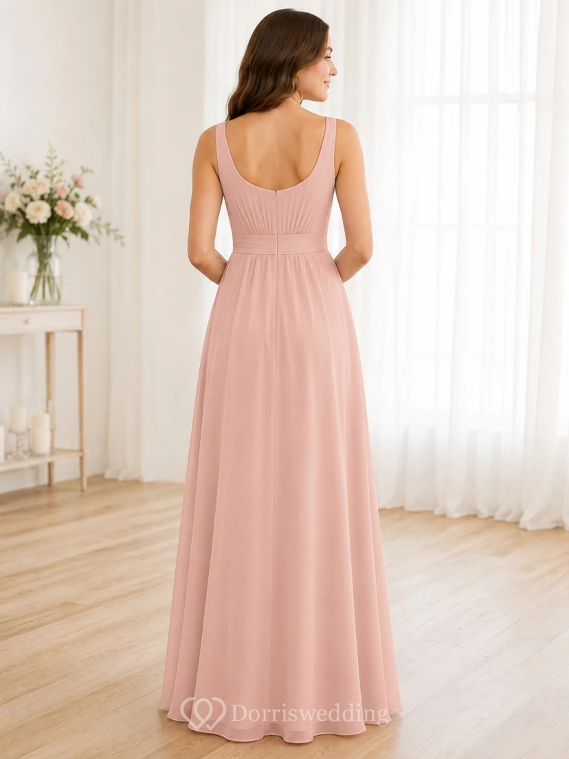 Vestido de dama de honor juvenil rosa perla, corte en A, cuadrado, sin mangas, sencillo view 2