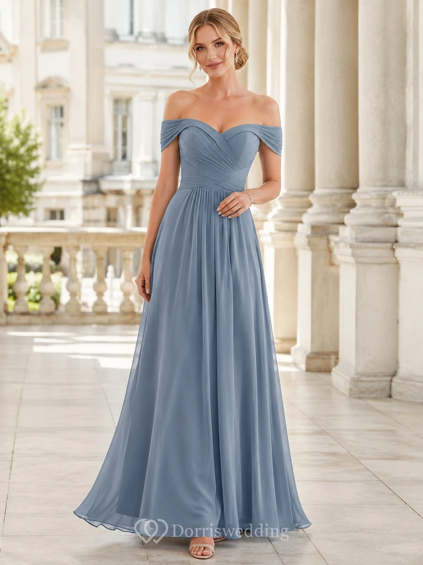 Steel Blue Off Shoulder Chiffon A-Line Dress
