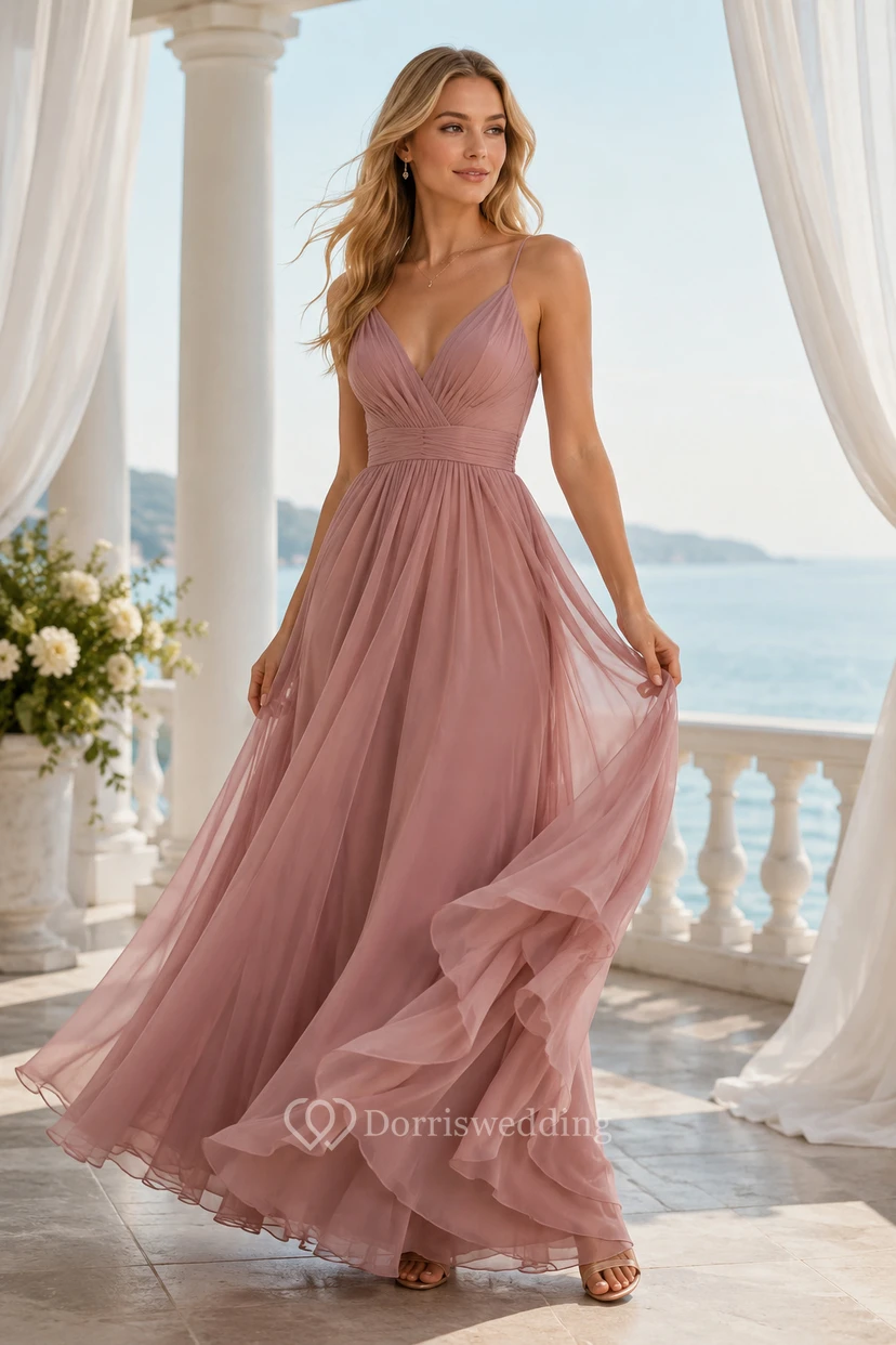Mauve V-Neck Tulle A-Line Formal Dress