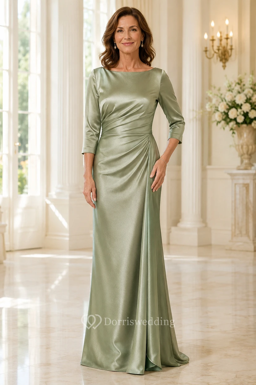 Salbeigrünes 3/4-Ärmel-Stretch-Satin-Mutterkleid mit Raffungen