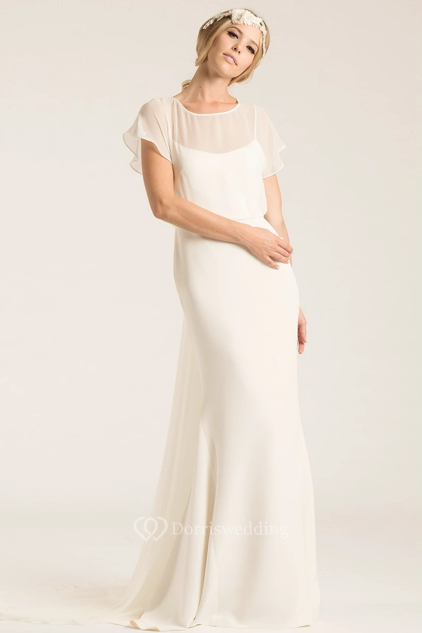 Scoop Long Poet-Sleeve Chiffon Wedding Dress With Court Train And V Back view 3