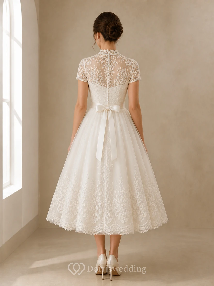 Vestido de novia civil modesto de corte A con cuello alto y encaje, largo hasta la rodilla view 2