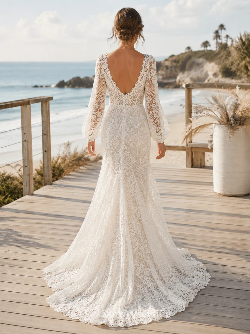 Bohemian V Neck Lace Wedding Mermaid Long Bell Sleeve Sweep Train view 2