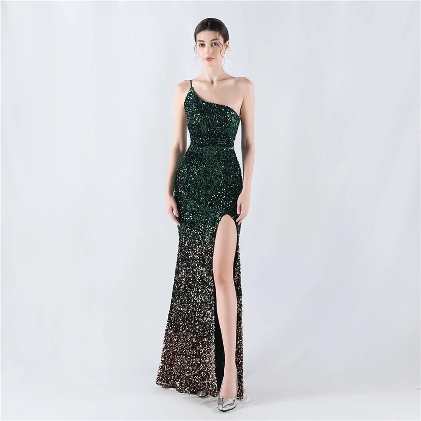 Sexy Abendkleid mit Samtsaum, Farbverlauf, Pailletten, hohem Schlitz und schräger Schulterpartie view 51