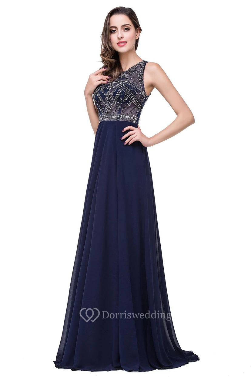 Modern Chiffon A-line Prom Dress Beadings Illusion Zipper view 4