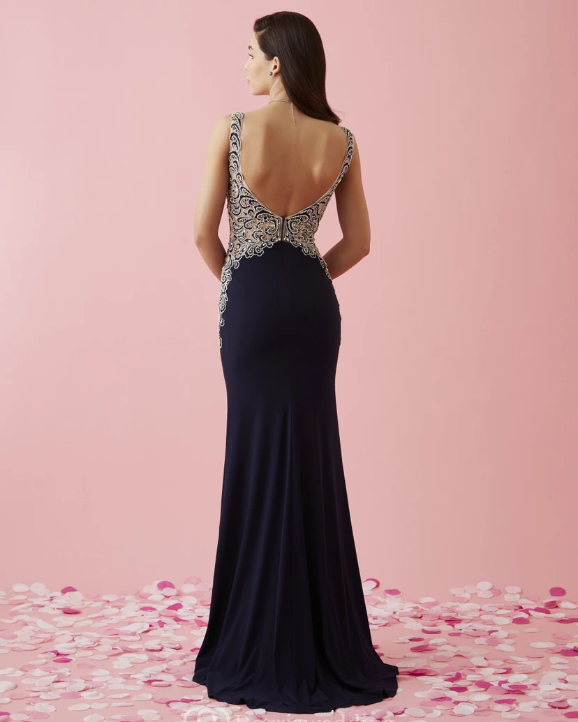 Sheath V-Neck Sleeveless Jersey Deep-V Back Dress With Beading view 2