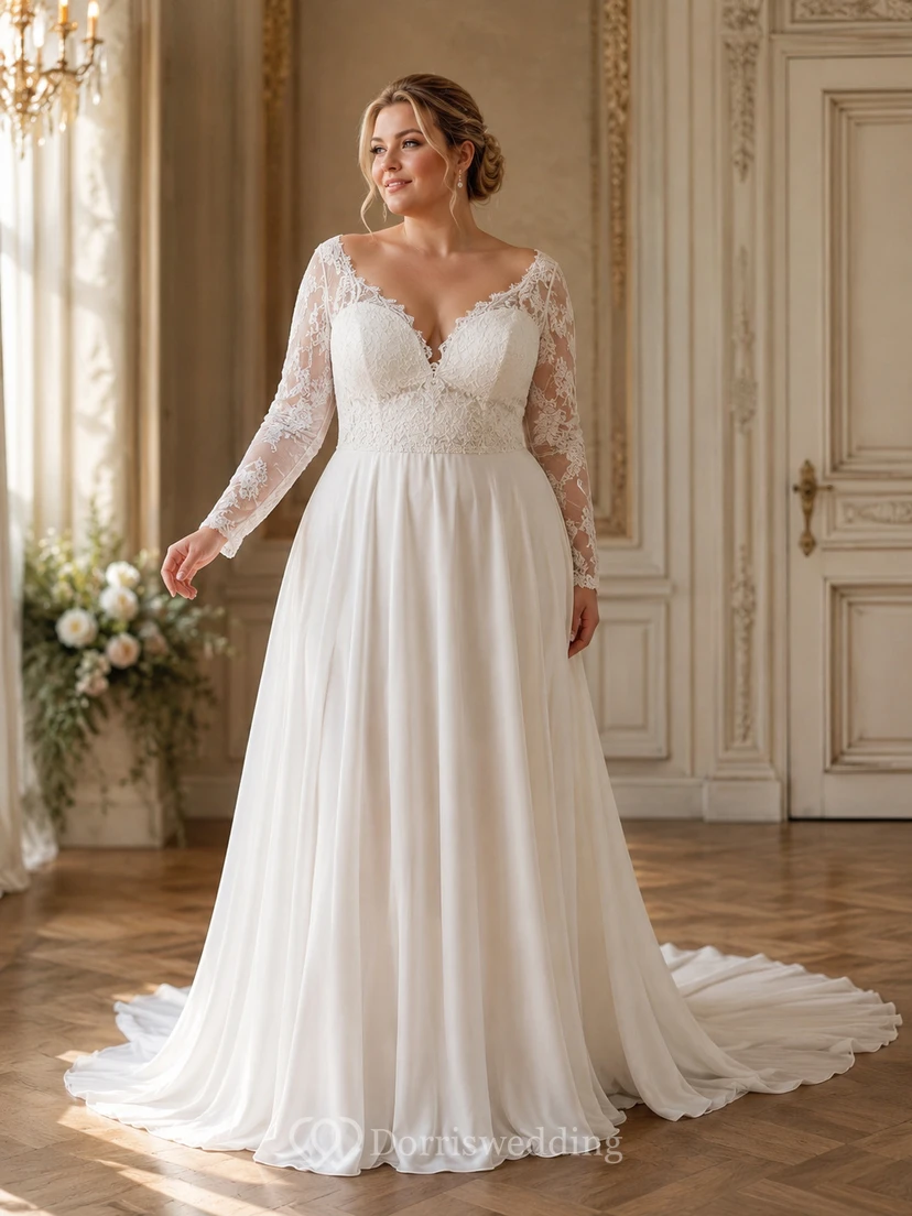 Lässiges Chiffon-Hochzeitskleid mit V-Ausschnitt und langen Ärmeln view 5