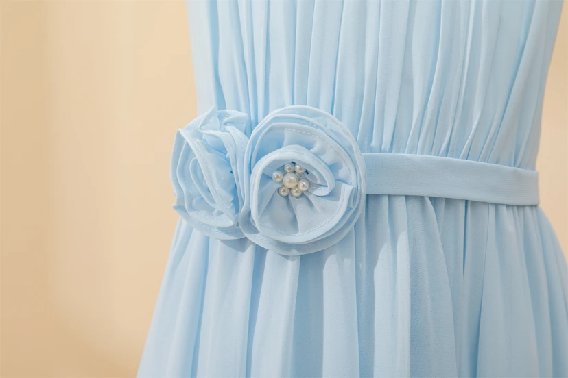 Chiffon Ruffled Short Pleated Sky Blue Flowergirl Dress with Petals view 6