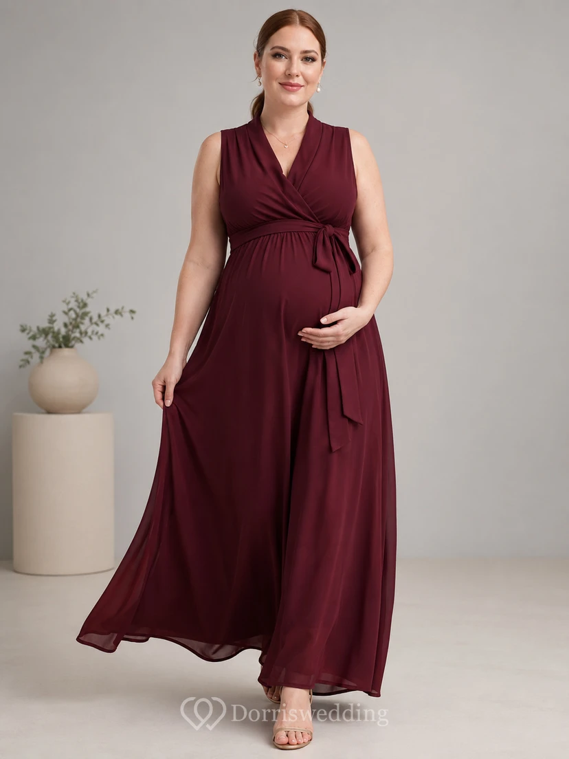 Burgunderfarbenes ärmelloses Wickelkleid in Übergröße für Umstandsmode (Maxi)