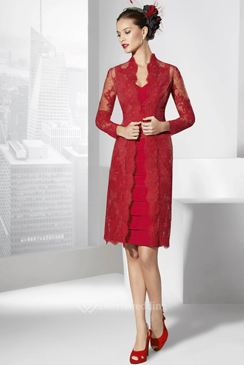 Appliqued Long-Sleeve Knee-Length Lace Prom Dress With Jacket