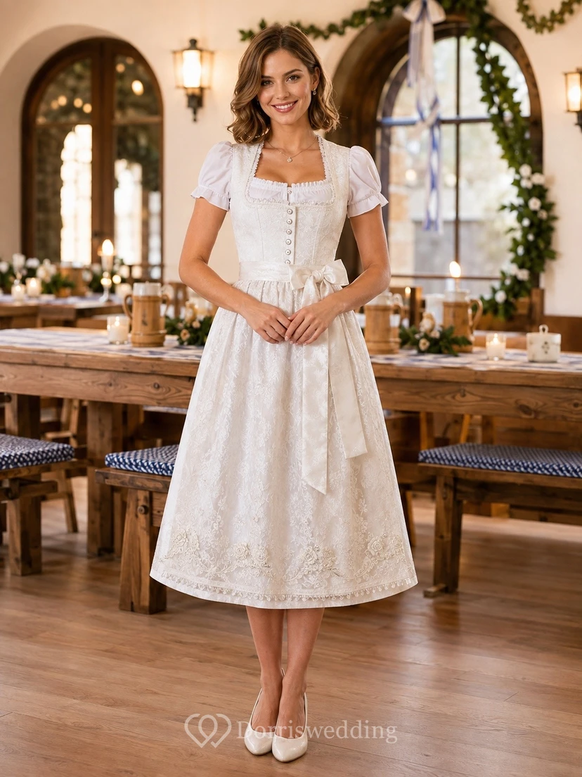 Vestido dirndl blanco de encaje con cuello cuadrado, mangas cortas y bordados, largo hasta la rodilla.