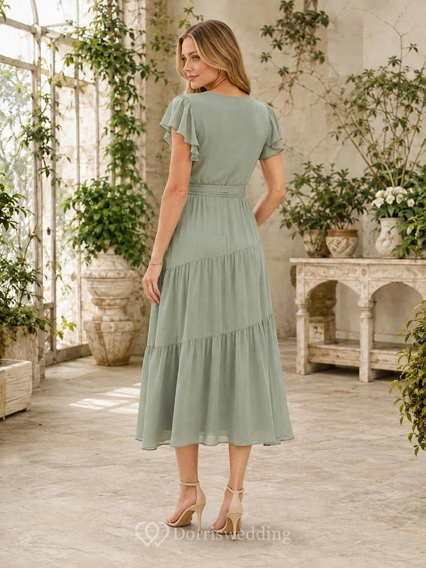 Robe de jardin décontractée couleur sauge, manches papillon, col en V, coupe trapèze à volants, longueur thé, col en V, style décontracté. view 2