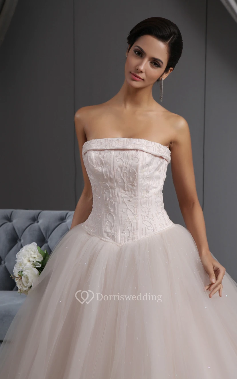 Blushing Pink A-Line Ball Gown With Embroideried Bodice and Tulle Overlay view 3