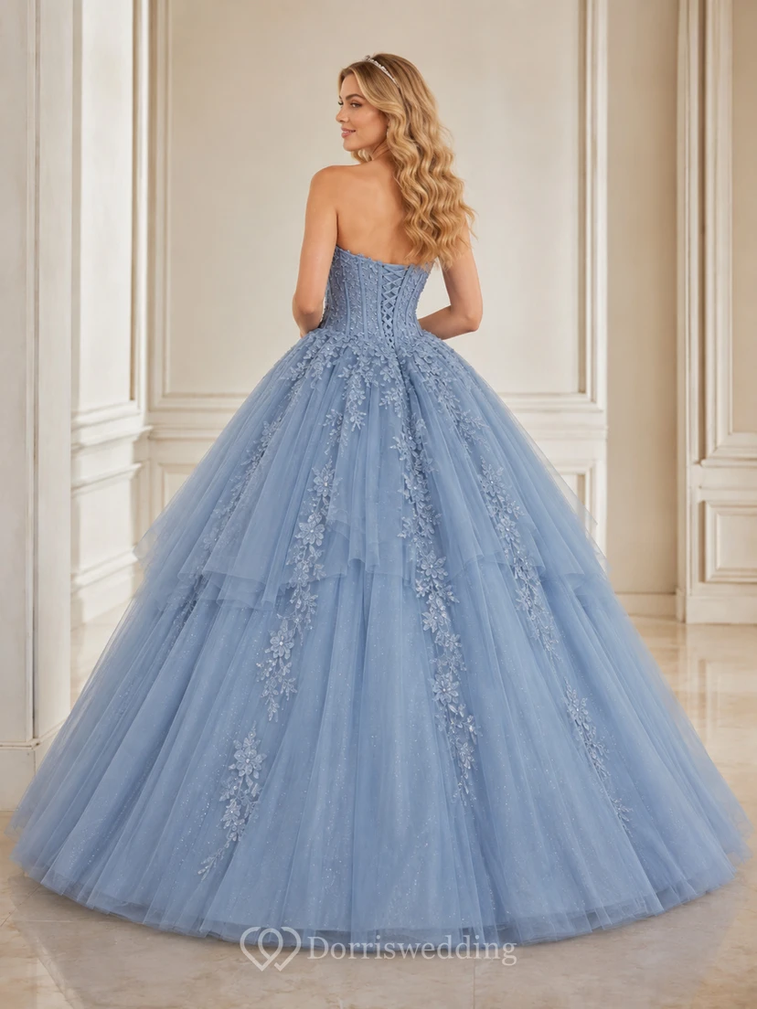 Slate Blue Luxury Strapless Sweetheart Floral Applique Tulle Princess Quinceanera Ball Gown view 2
