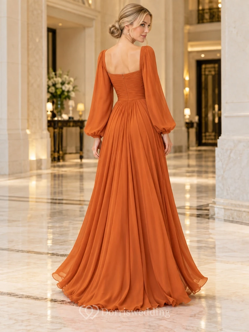 Robe de soirée en mousseline orange brûlé à col carré et manches bouffantes view 2
