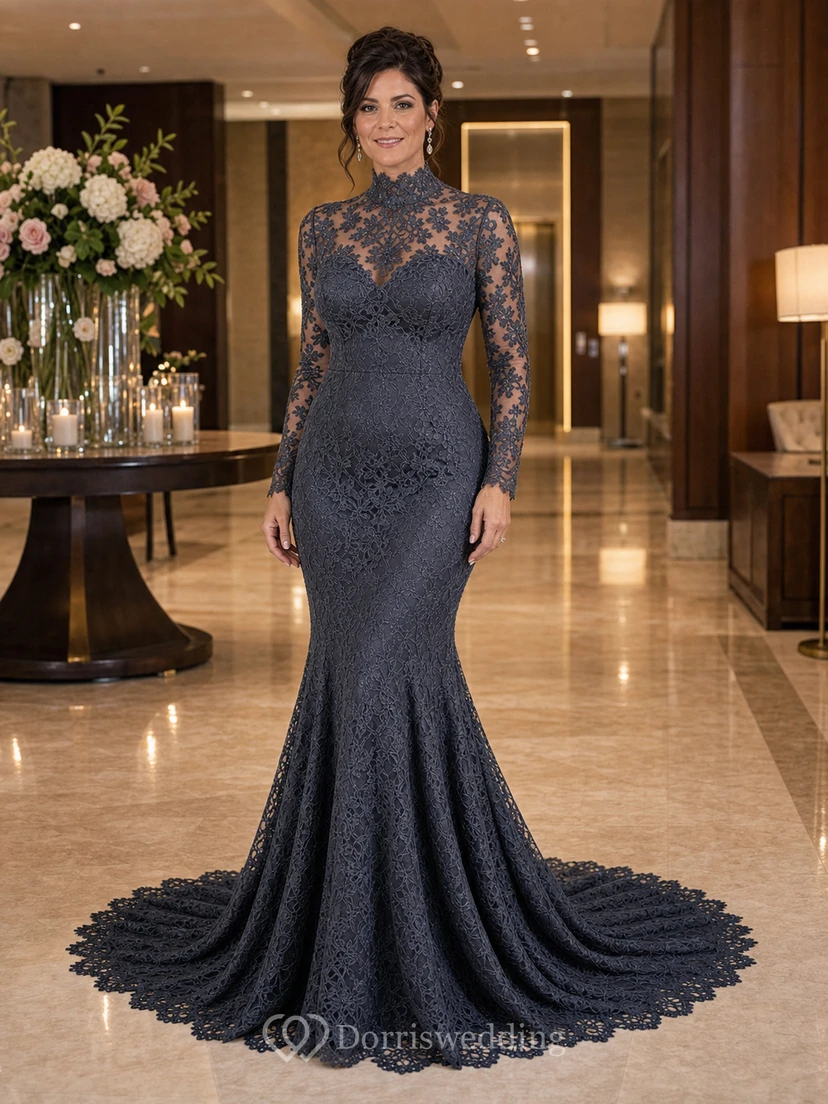 Schwarzes Meerjungfrauen-Hochzeitskleid aus Spitze mit hohem Kragen und langen Ärmeln view 9