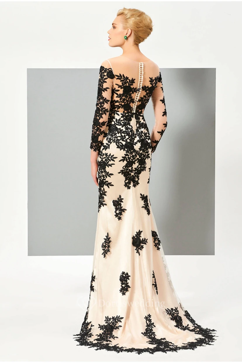 Floral Appliqued 3/4 Sleeve Illusion Two Tune Mermaid Gown With Button Back view 2