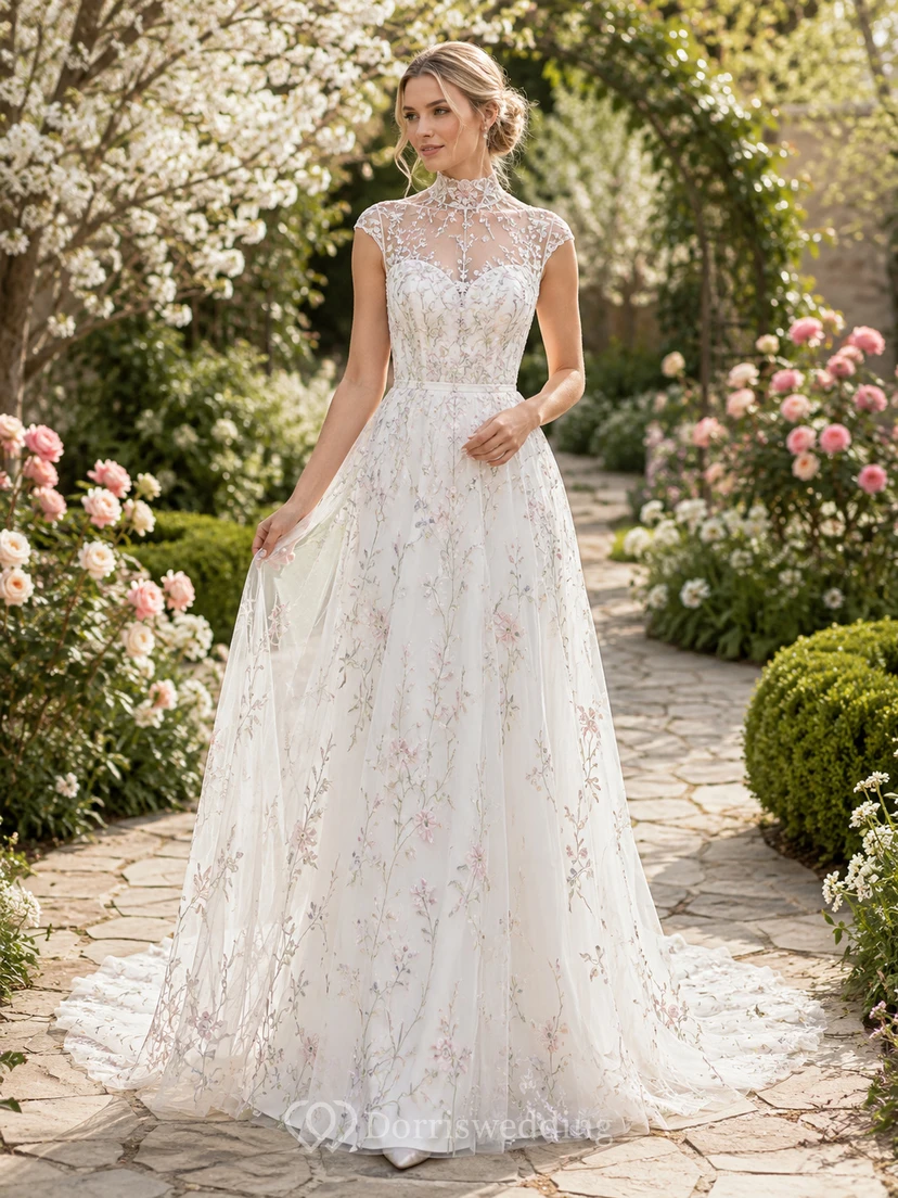 Hochgeschlossenes, blumenbesticktes Tüll-Hochzeitskleid für den Garten