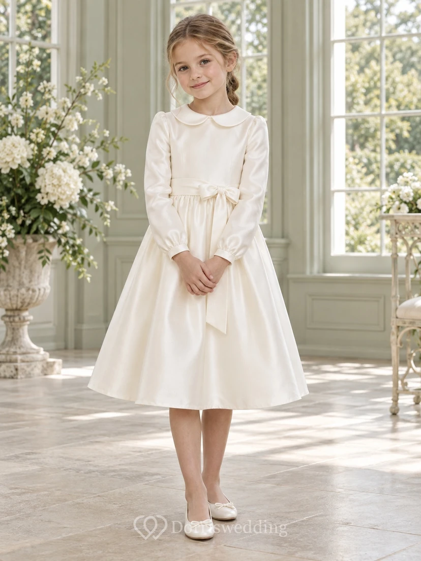 Tea-length Long Sleeve Vintage Ivory A-line Satin Collared Sashed Flower Girl Dress