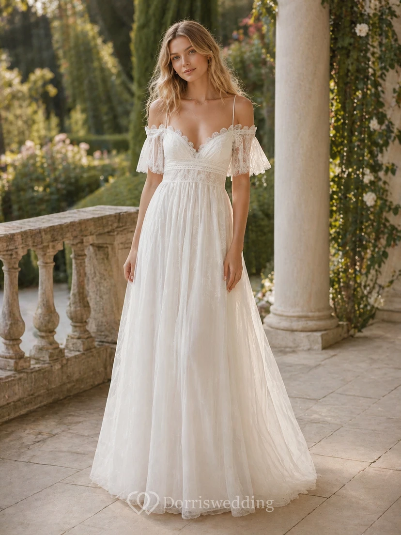 Schulterfreies, plissiertes Spaghetti-Empire-Brautkleid aus Spitze