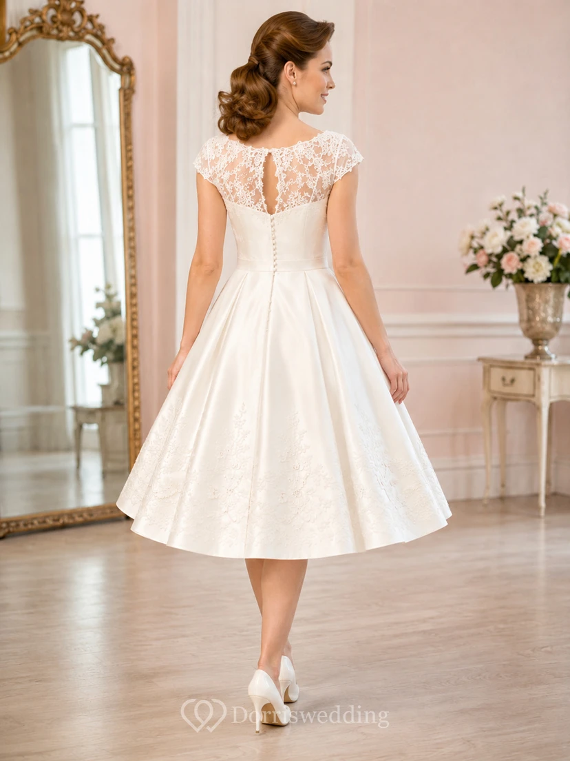 Vintage 1950s Bateau Cap Illusion Lace Satin A-Line Tea Wedding Dress view 2
