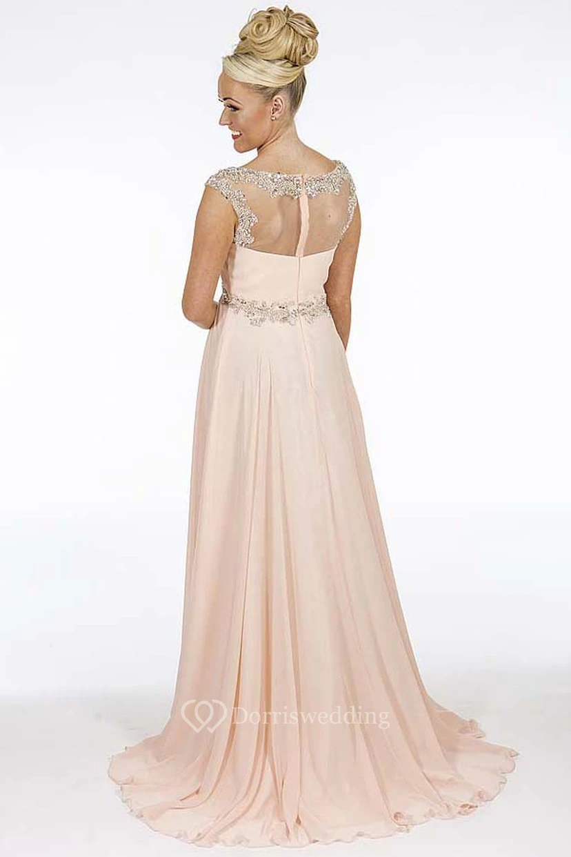 A-Line Empire Scoop Floor-Length Cap-Sleeve Beaded Chiffon Prom Dress With Waist Jewellery And Ruching view 2
