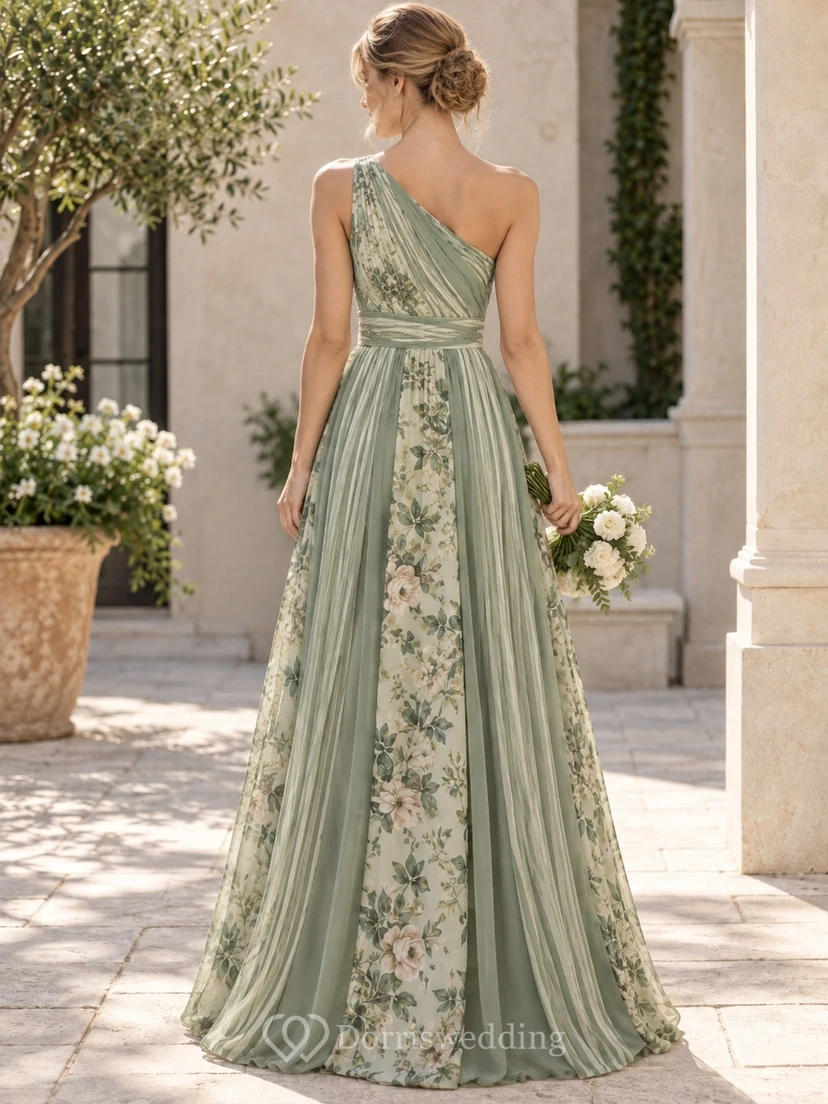 Sage Floral Stripe Mixed Print One-Shoulder Draped Floor-Length Chiffon Bridesmaid Dress view 2