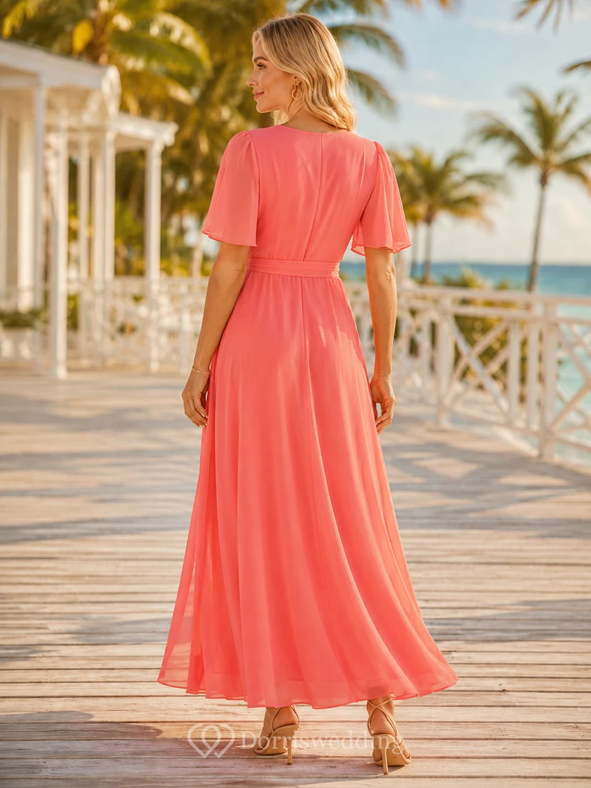Coral Island Wedding Guest Dress A-Line Chiffon V-Neck Short Sleeve Floor-Length Side Slit view 2