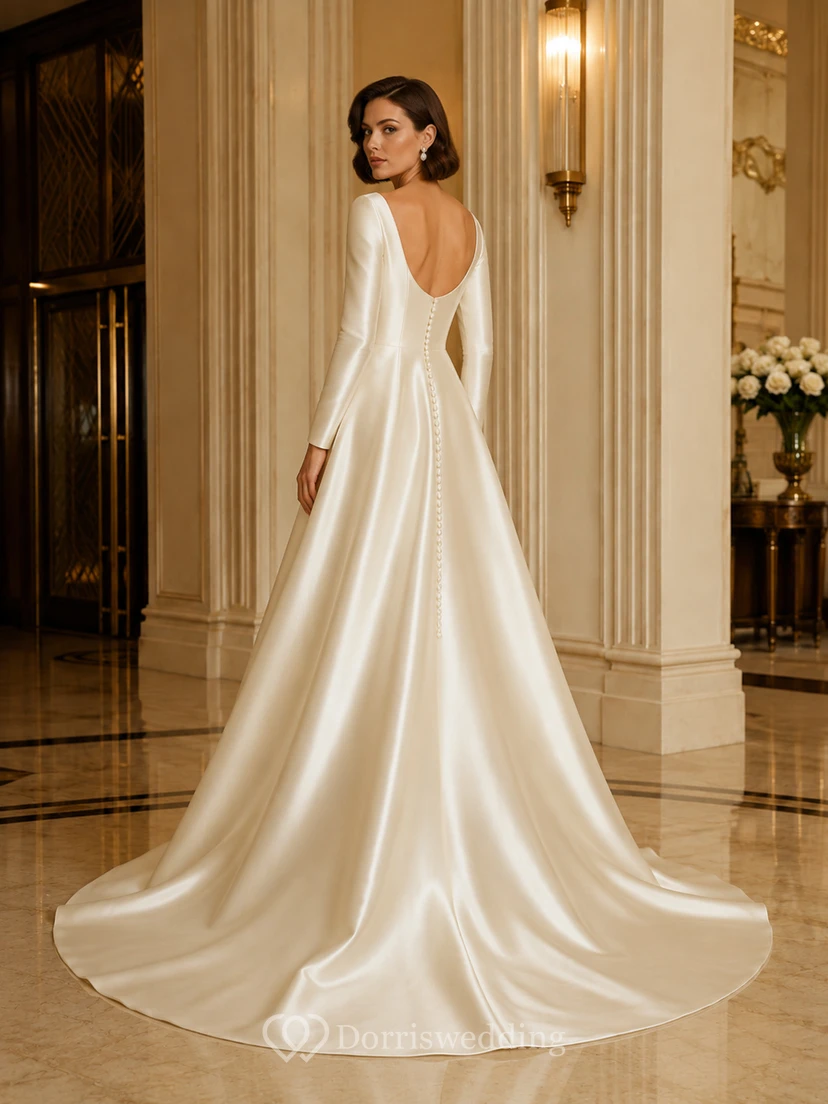 Champagne Bateau Neck Long Sleeve Satin A Line Bridal Gown view 2