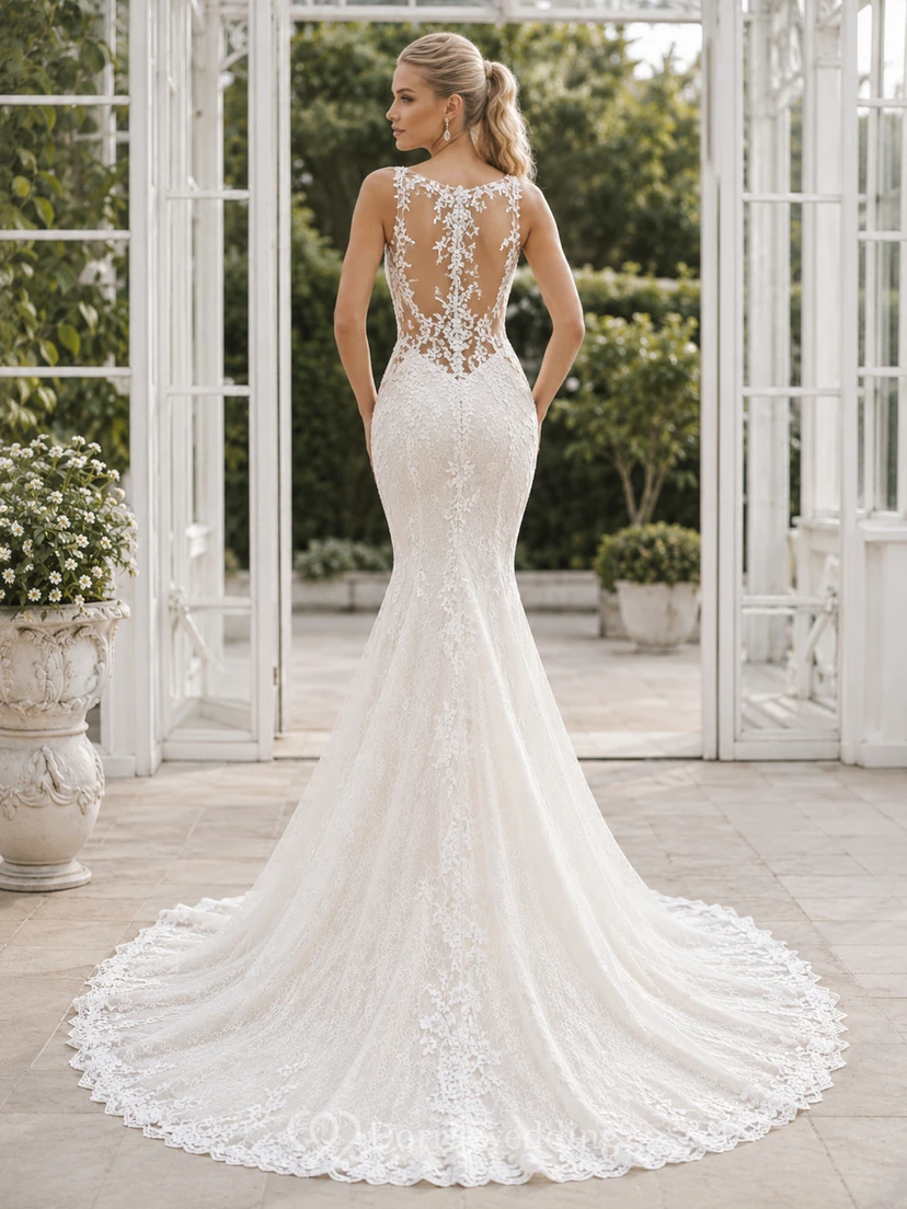 Elegante vestido de novia de sirena con cuello alto, sin mangas, encaje ilusión y cola de capilla. view 2