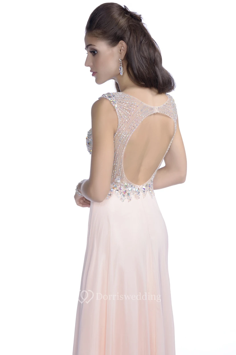 Sleeveless A-Line Bateau Neck Chiffon Prom Dress Featuring Keyhole Back And Rhinestone Bodice view 2